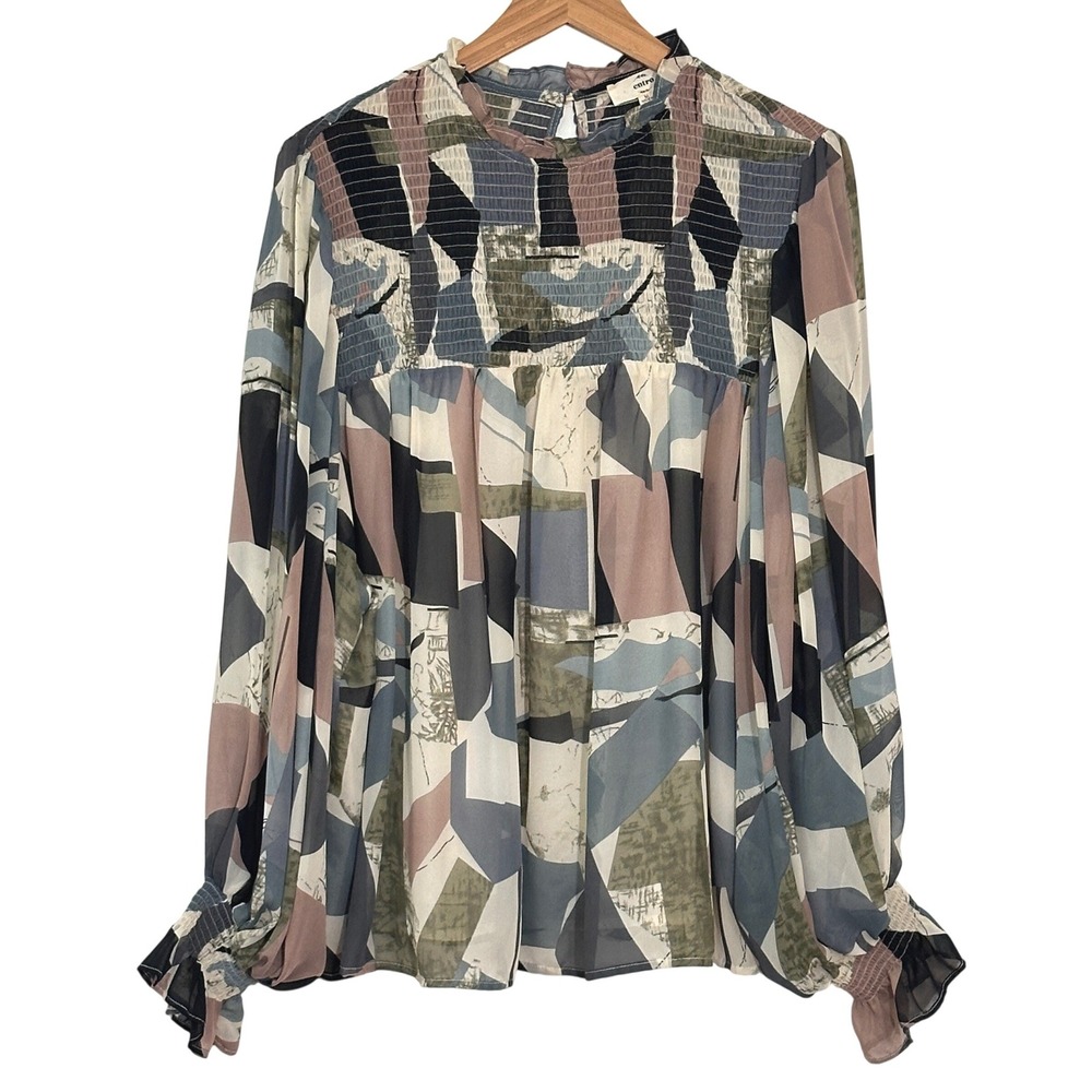 Entro Women Top M Multicolor Geometric Abstract Smocked Artsy Eclectic Mod Retro